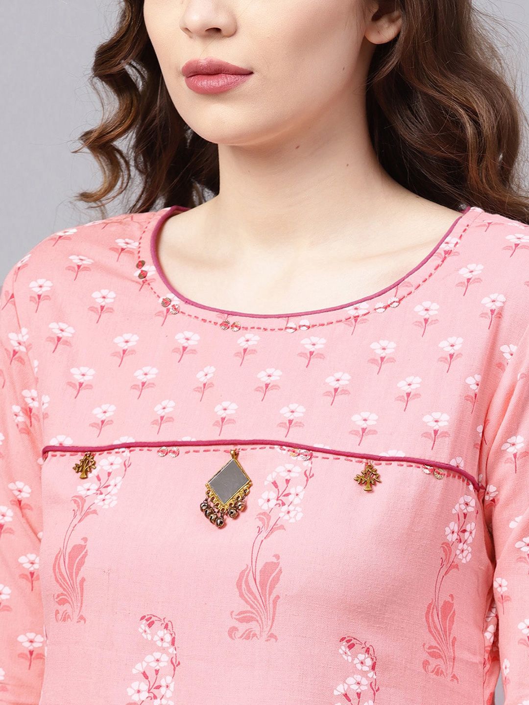 Dhiyona IS Women's Floral Printed Beads and Stones Pure Cotton Kurta with Palazzos