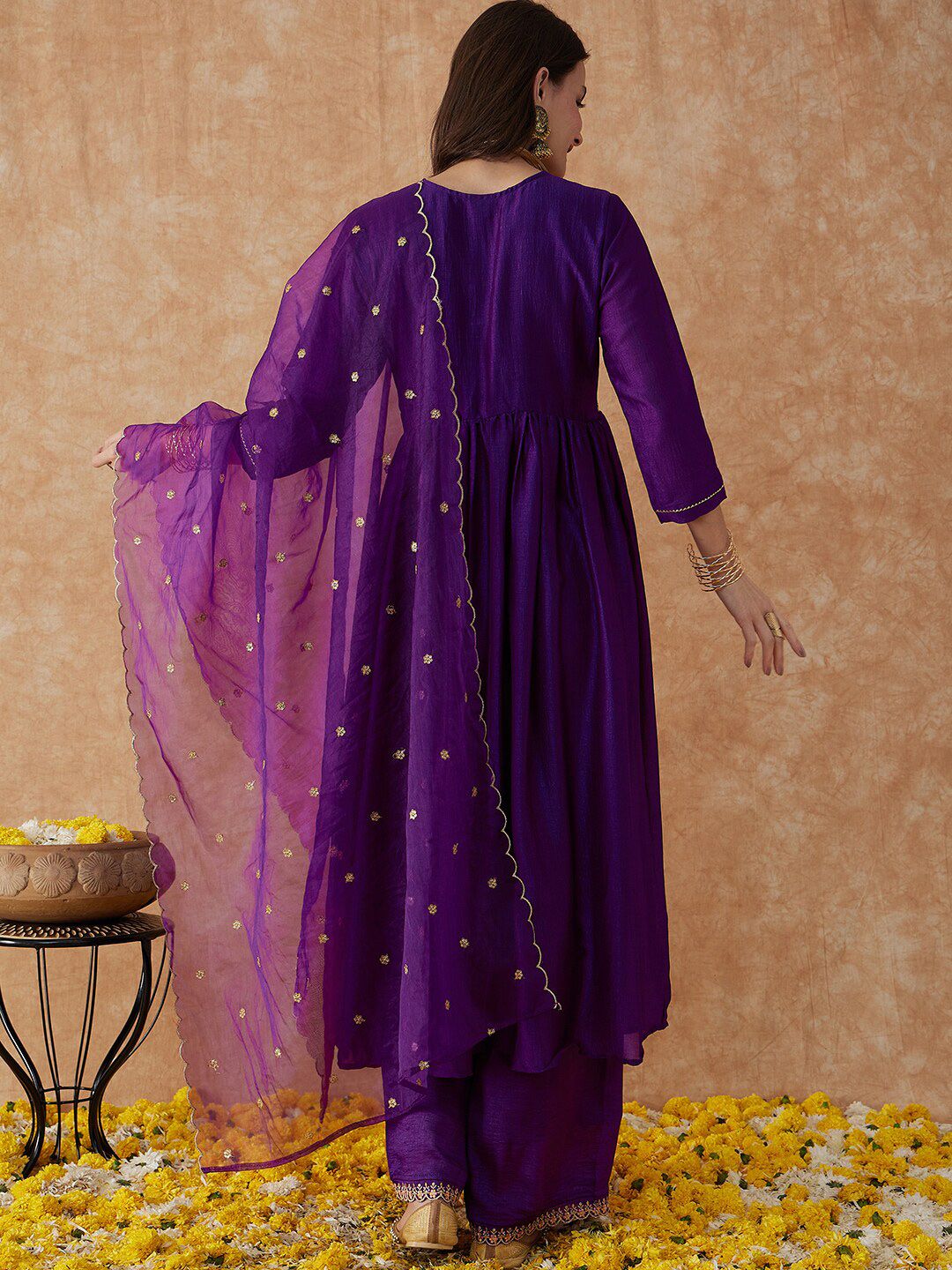 Dhiyona SN Women's Printed Flared Sleeves Kurta & Trousers With Dupatta