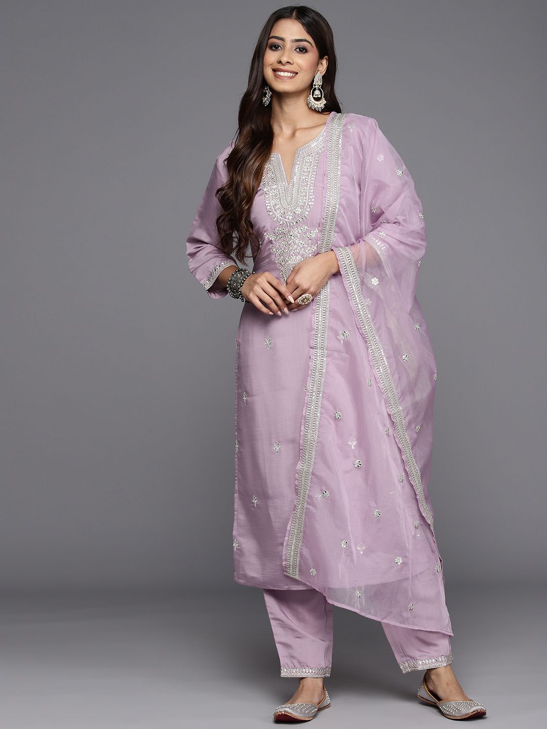 Dhiyona IE Ethnic Motifs Embroidered Regular Sequinned Kurta with Trousers & Dupatta