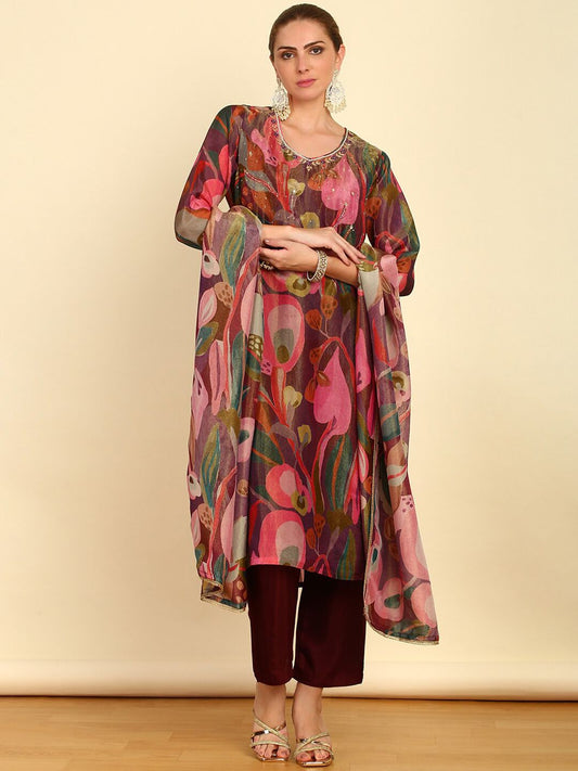 Dhiyona SO Women's Floral Printed Mirror Work Kurta With Trousers & Dupatta