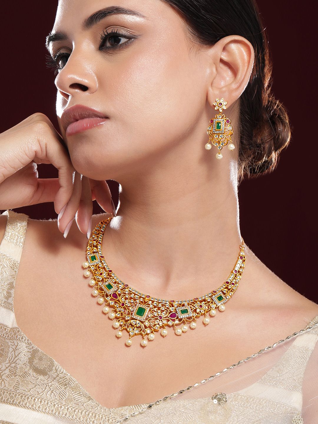 Dhiyona RJ Women's 22K Gold Plated Ruby & Emerald Kundan CZ Studded with Gold Beaded Jewellery Set