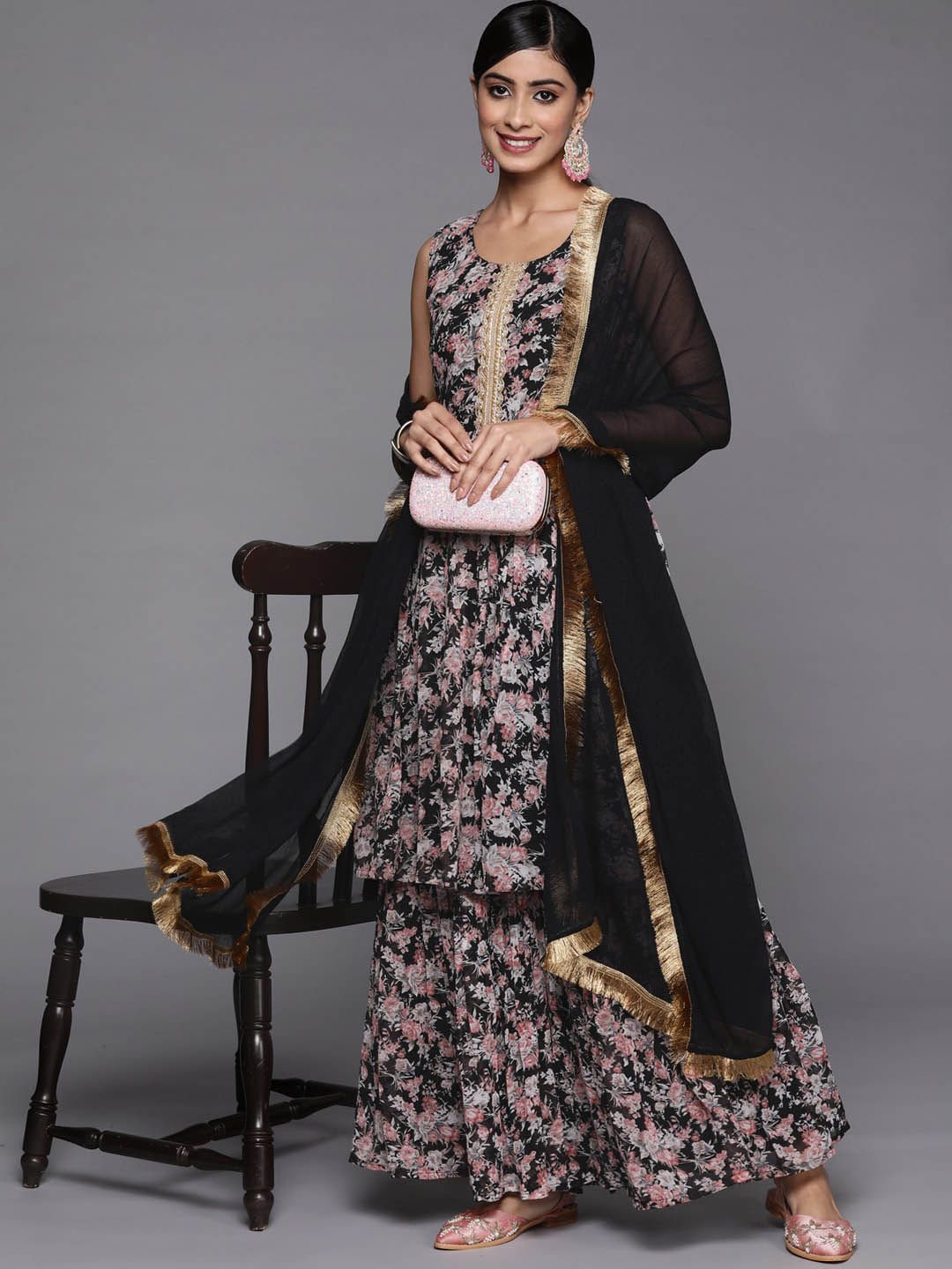 Dhiyona VA Women'sFloral Printed Pleated Gotta Patti Kurta with Sharara & Dupatta