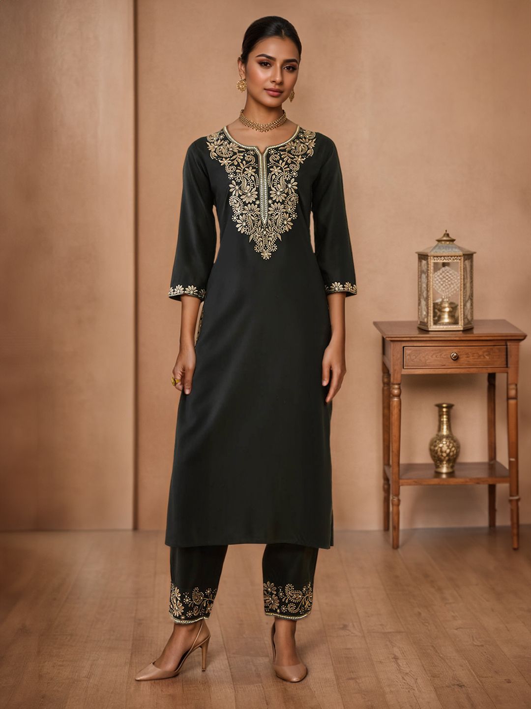 Dhiyona SO Women's Ethnic Motifs Yoke Embroidered Regular Sequinned Kurta with Trousers