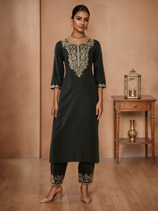 Dhiyona SO Women's Ethnic Motifs Yoke Embroidered Regular Sequinned Kurta with Trousers