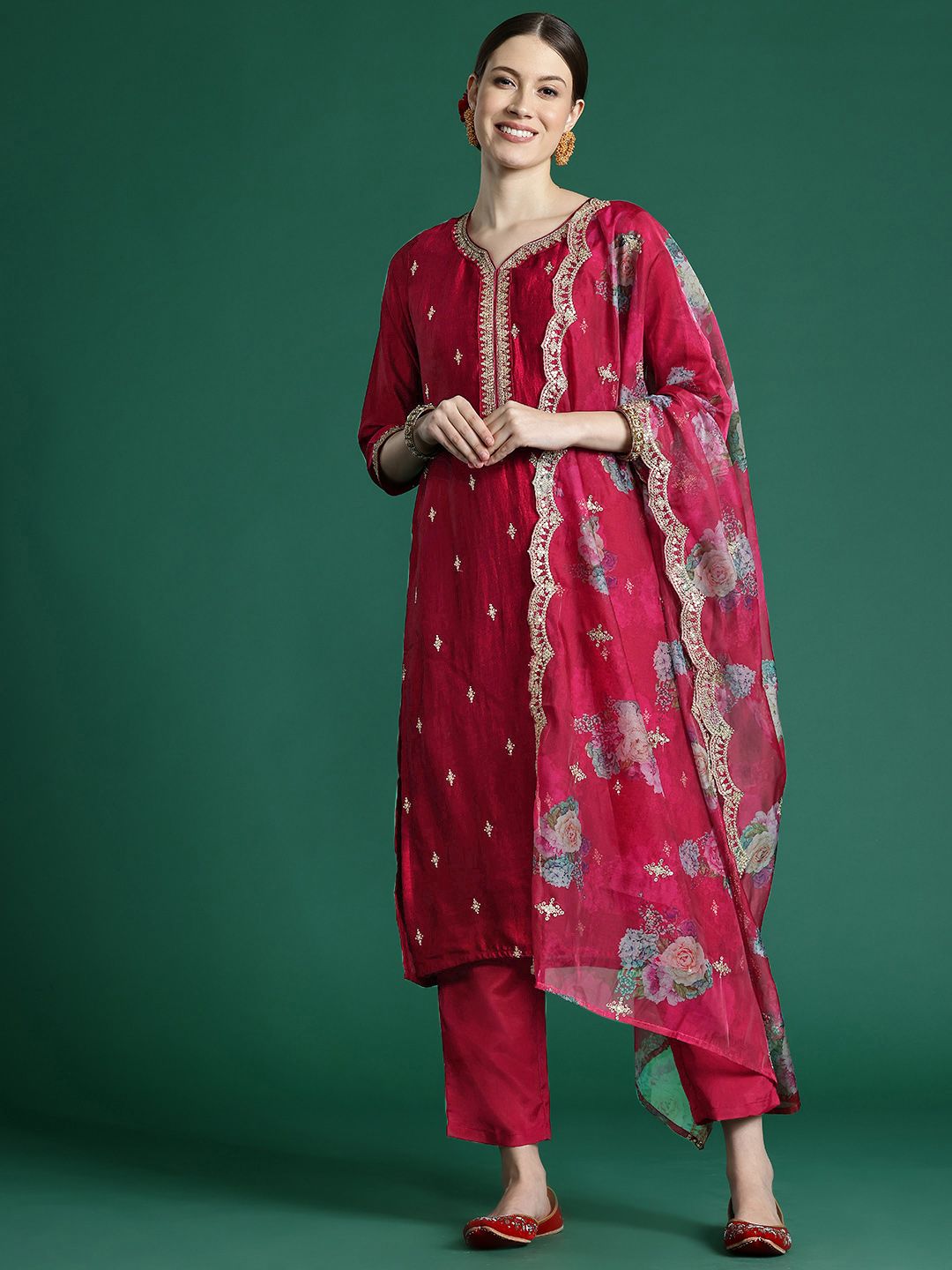 Dhiyona IE Women Ethnic Motifs Embroidered Regular Sequinned Kurta with Trousers & With Dupatta