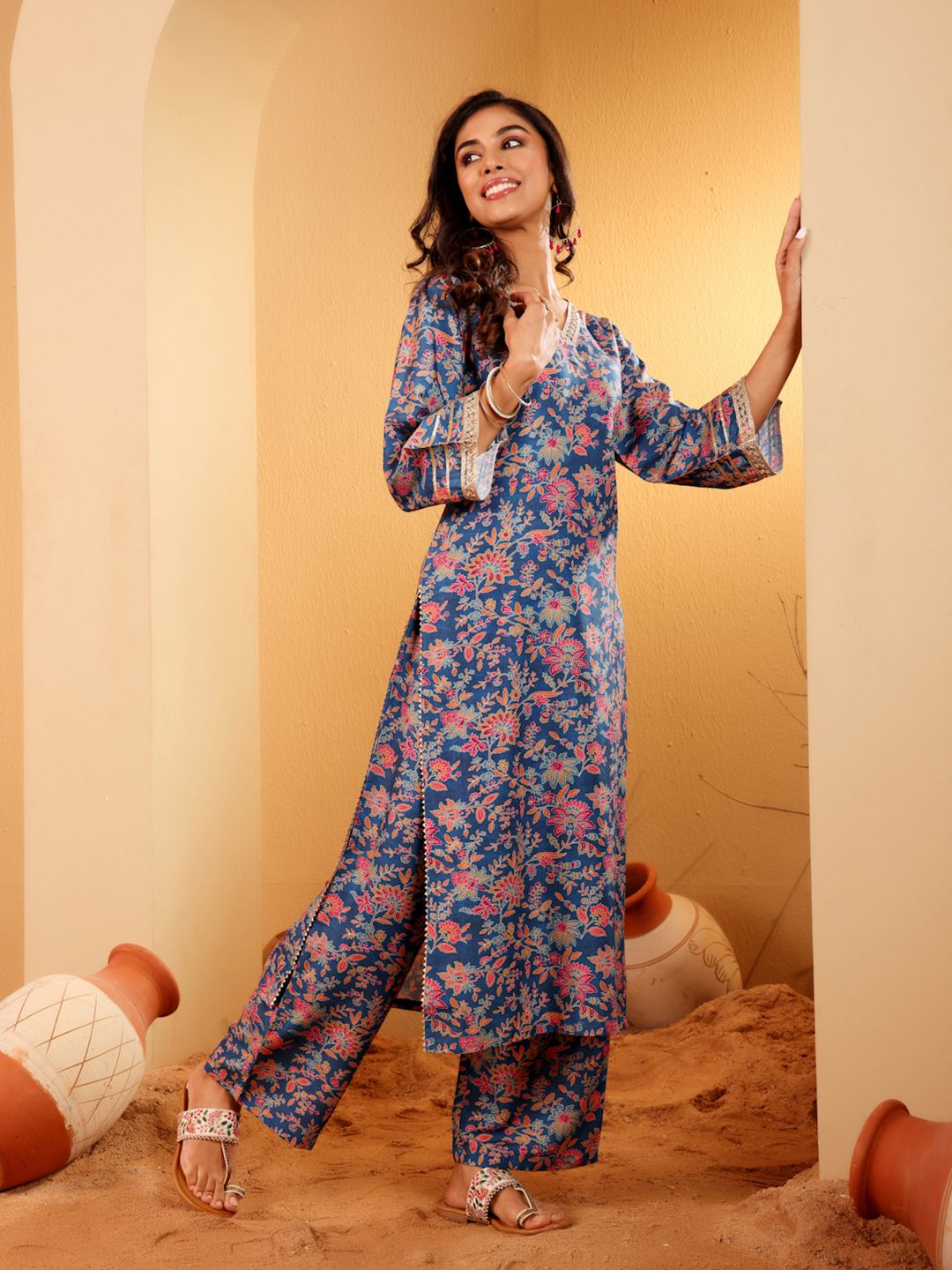 Dhiyona VA Women'sFloral Printed Zari V Neck Flared Sleeves A-Line Kurta With Palazzo And Dupatta