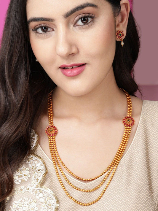 Dhiyona RJ Women's Gold-Plated & Ruby Stone Studded Handcrafted Layered Jewellery Set
