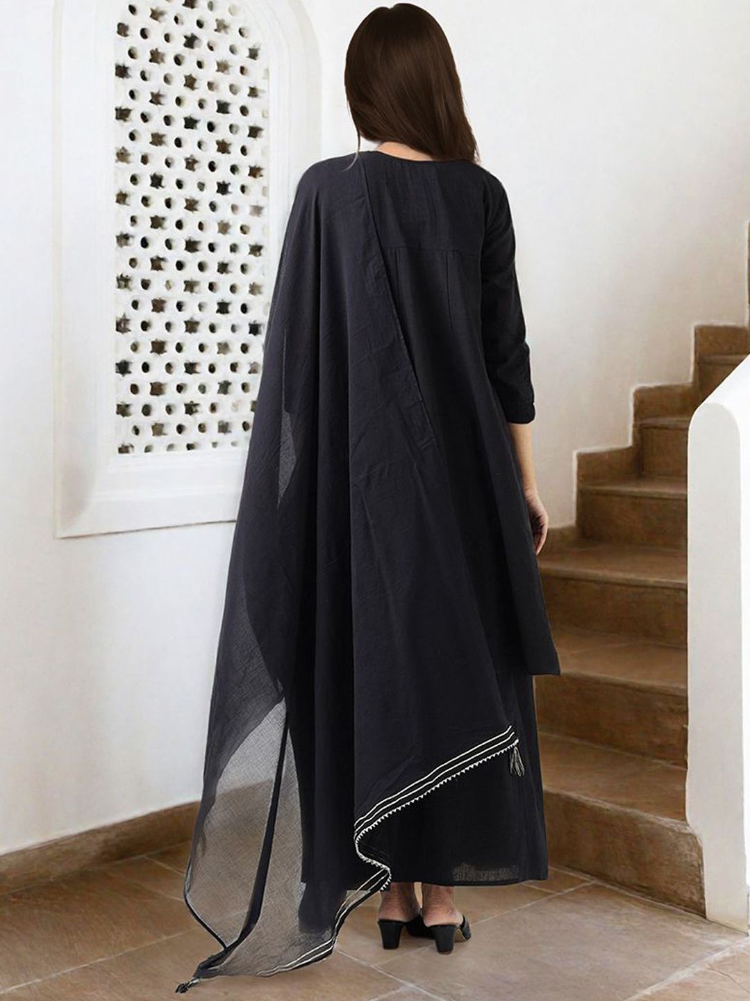 Dhiyona IS Women's Ethnic Motifs Embroidered Pure Cotton A-Line Kurta With Palazzo & Dupatta