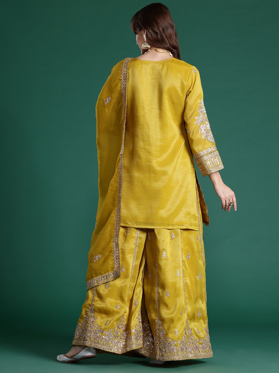 Ethnic Motifs Embroidered Sequinned Kurta with Palazzos & With Dupatta