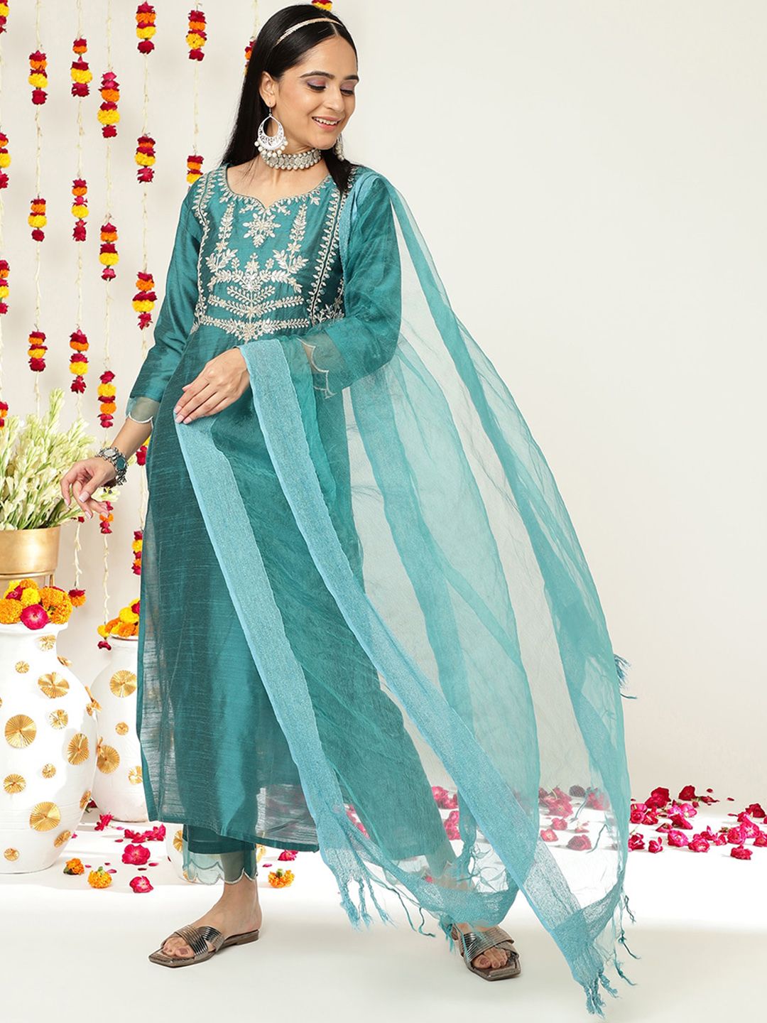 Dhiyona VA Women'sEthnic Motifs Yoke Design A-Line Kurta With Trousers & Dupatta