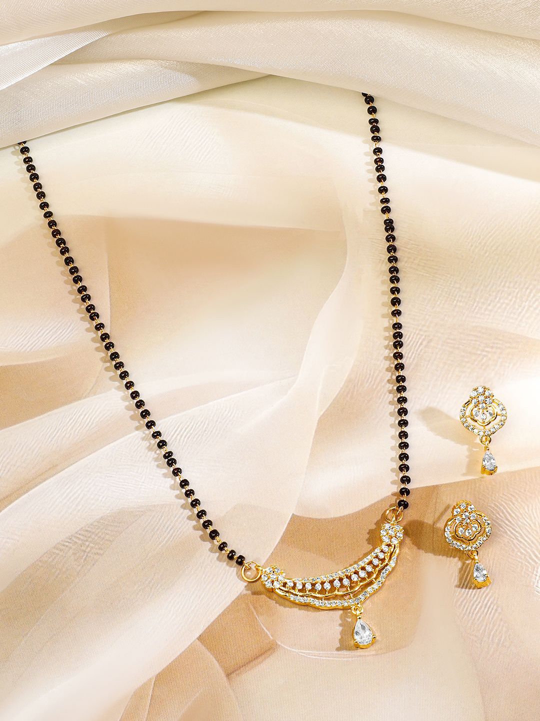 Dhiyona RJ Women's 18K Gold-Plated Cubic Zirconia Studded Curved Bar with Black Beads Mangalsutra Set