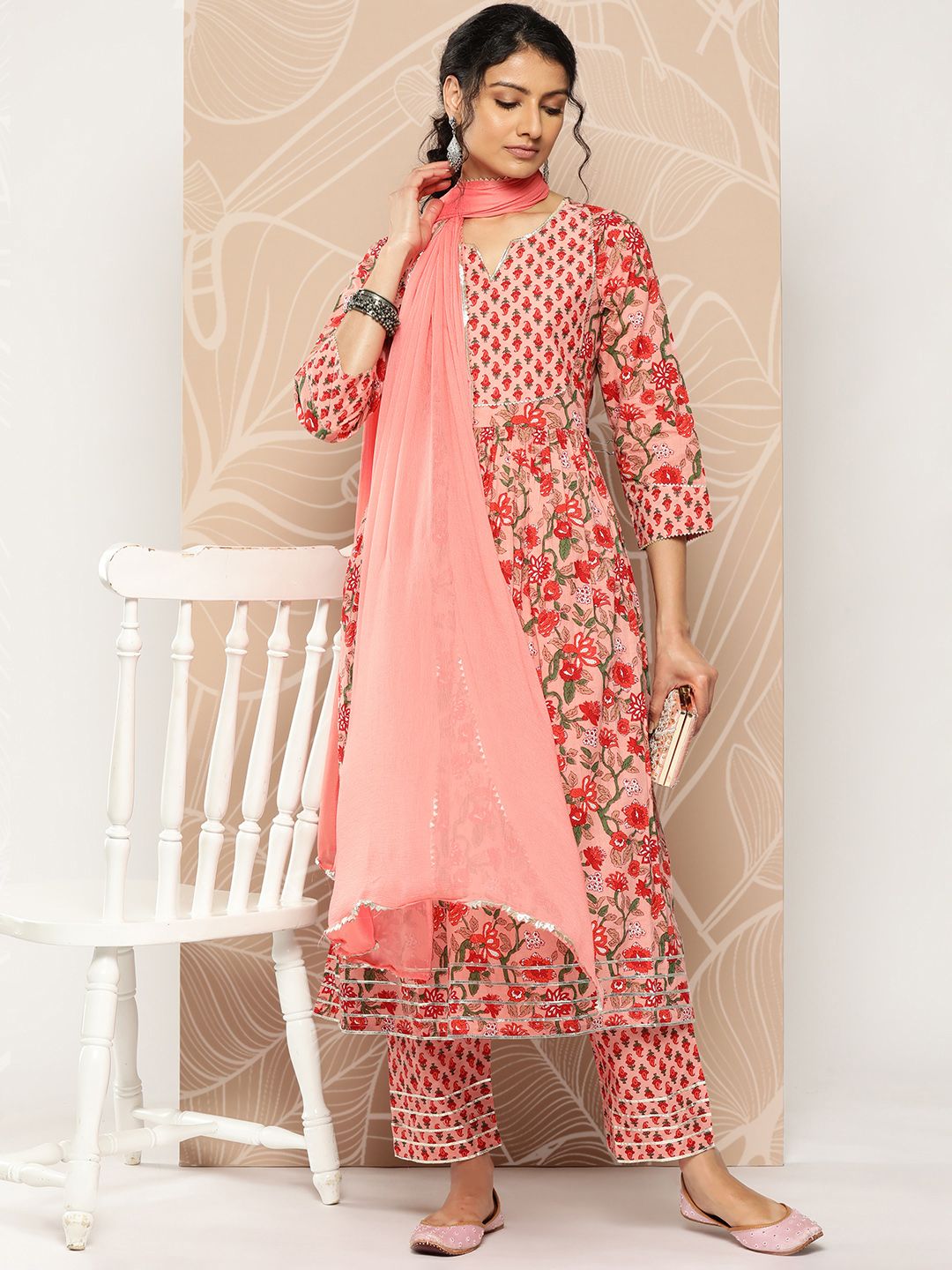 Dhiyona VA Women'sFloral Printed Empire Gotta Patti Pure Cotton Kurta With Trousers & Dupatta