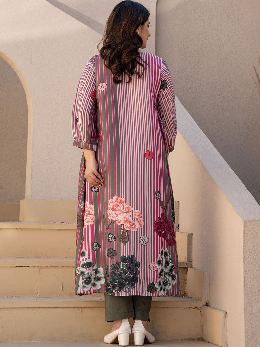 Dhiyona IE Striped A-Line Pure Cotton Kurta With Trousers
