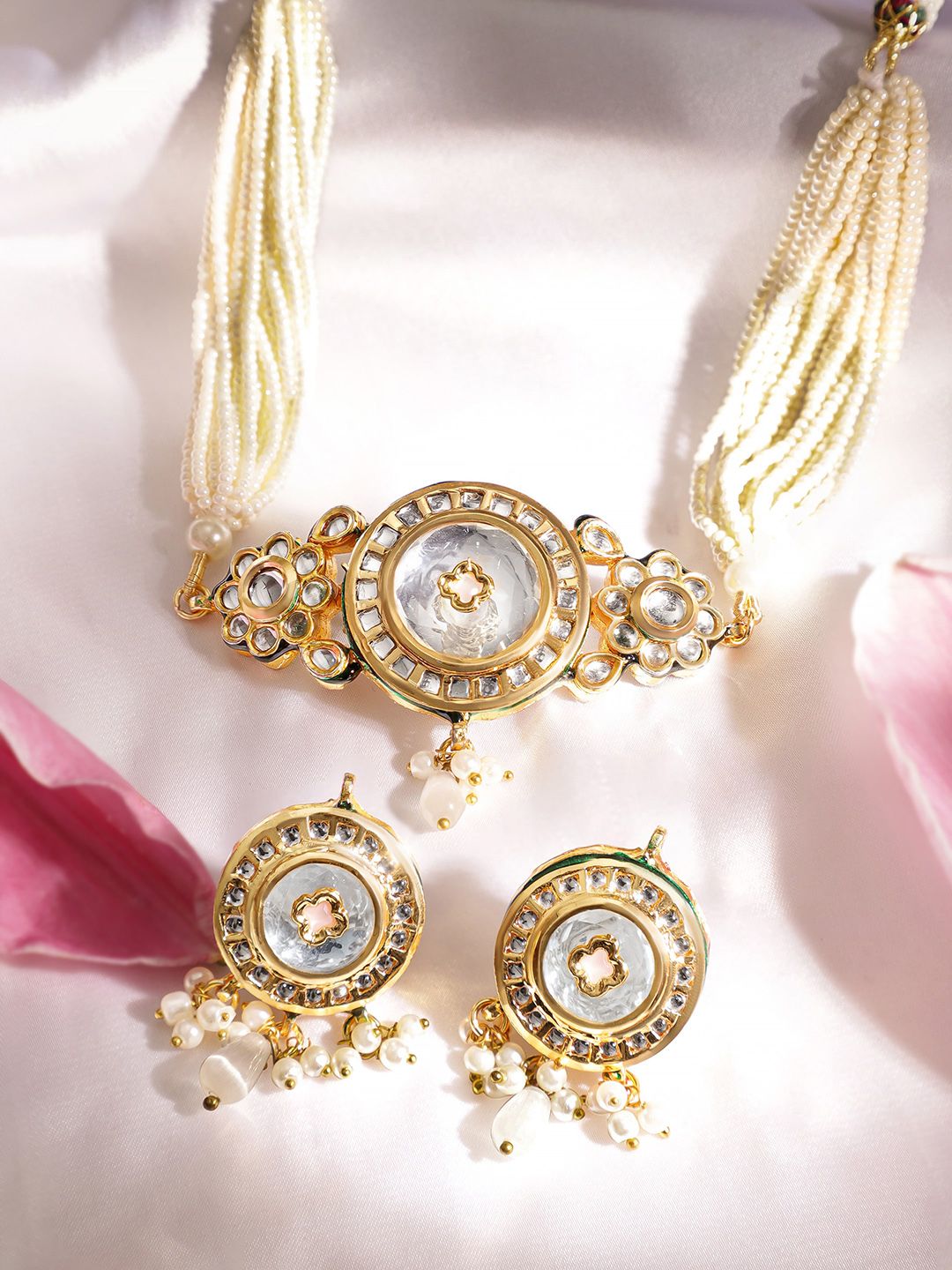 Dhiyona RJ Women's 22K Gold Plated Handcrafted Kundan & Pearl Choker NecklaceSet with Thread Detailing