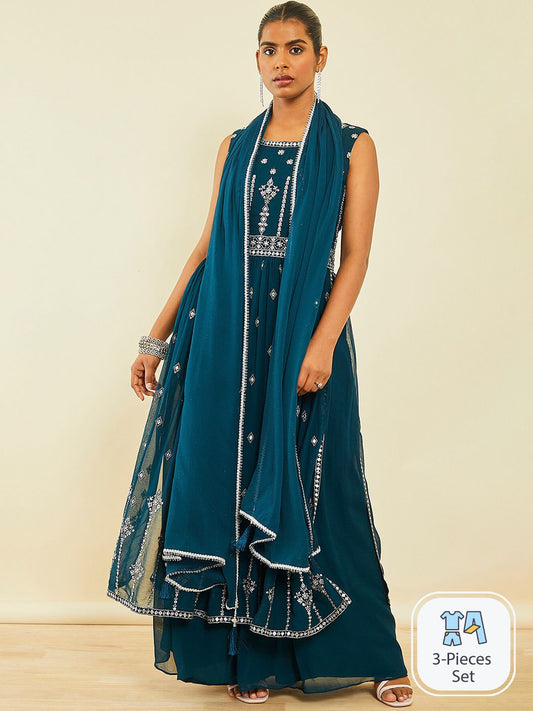 Dhiyona SO Women's Ethnic Motifs Embroidered Empire Georgette Kurta with Palazzos & Dupatta