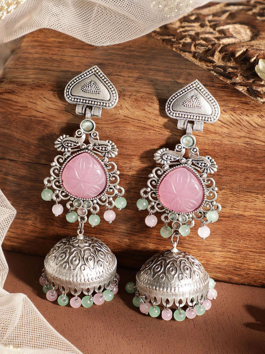 Dhiyona RJ Women's Silver-Plated Oxidised Jhumka Earrings with Pastel Pink Gemstone & Mint Green Beads