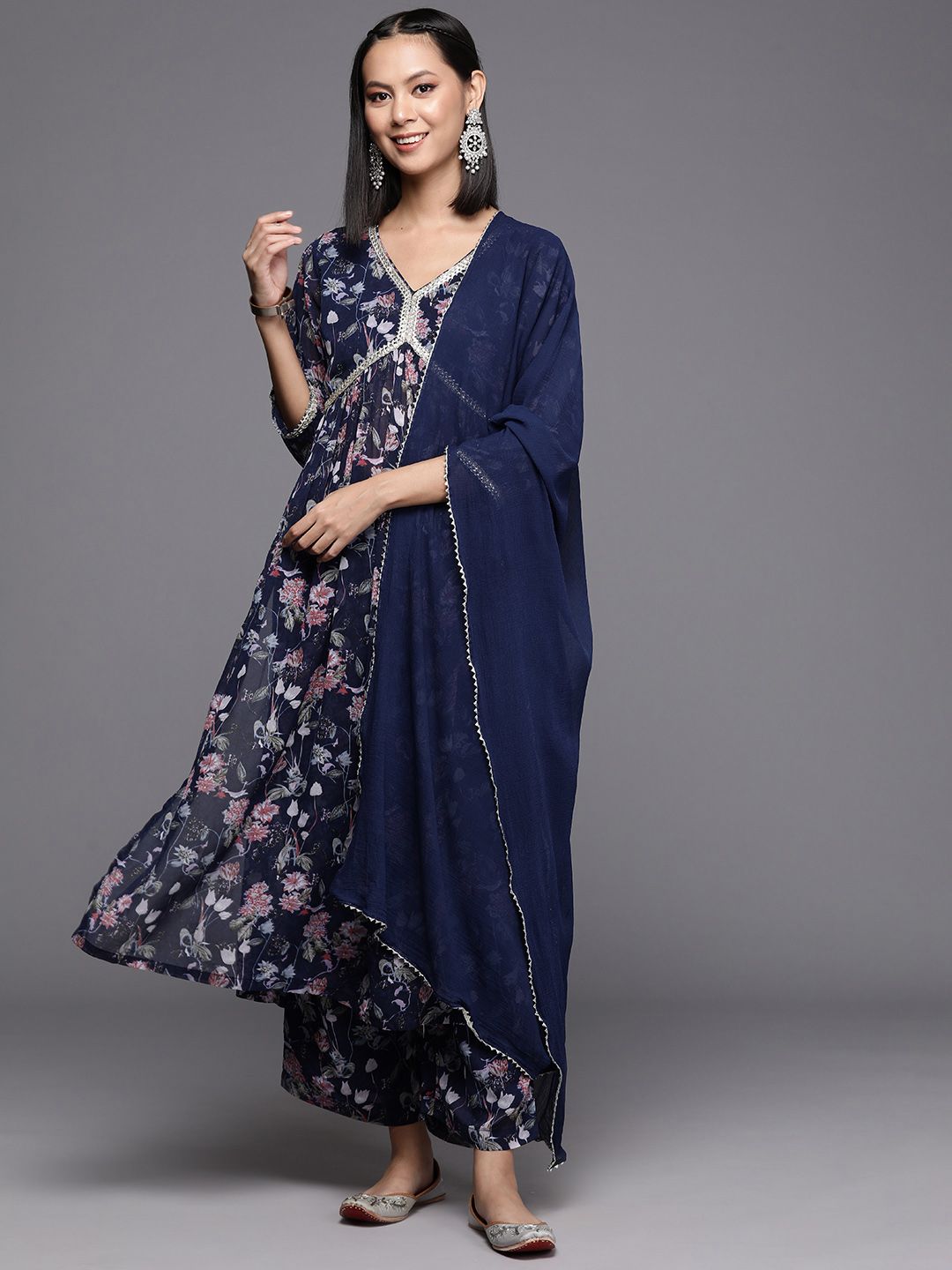 Dhiyona VA Women'sFloral Printed Pleated Gotta Patti Silk Georgette Kurta with Trousers & Dupatta