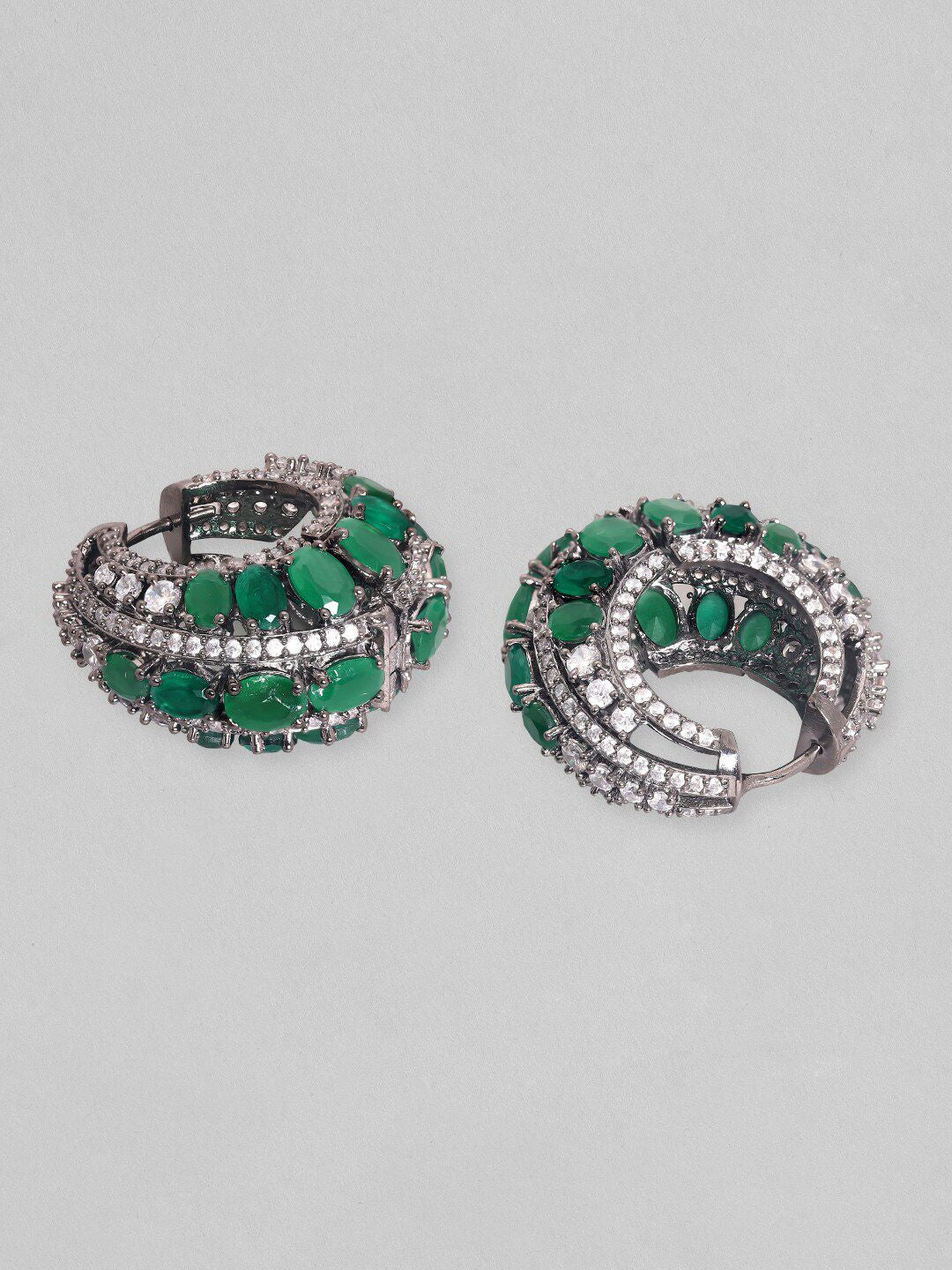 Dhiyona RJ Women's Rhodium Plated Emerald with AAA Cubic Zirconia Studded Luxurious Hoop Earrings