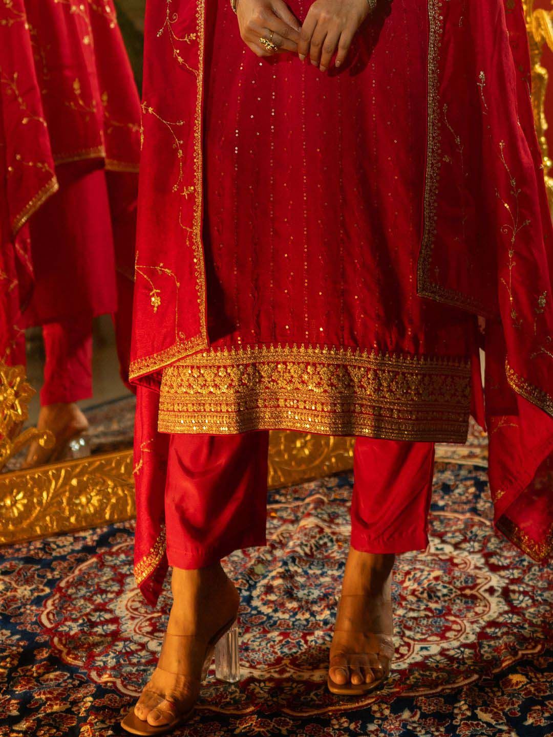 Dhiyona IE Women Ethnic Motifs Embroidered Regular Sequinned Kurta with Trousers & With Dupatta