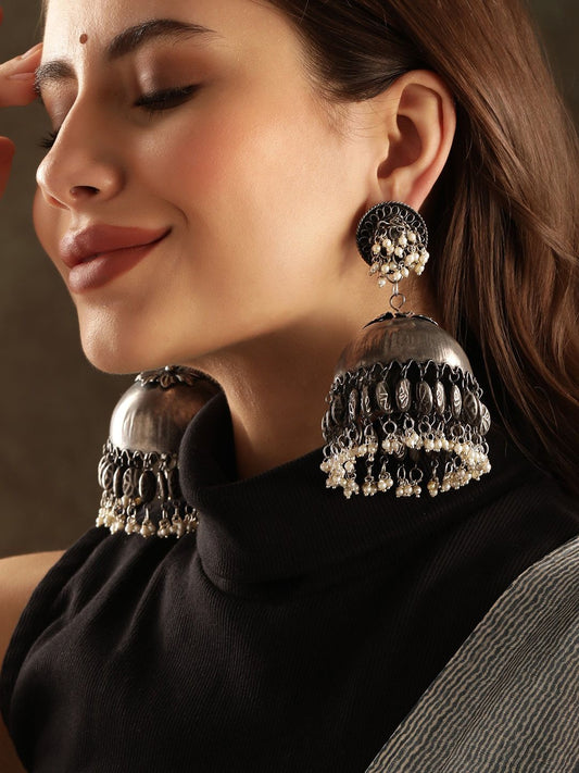 Dhiyona RJ Women's Oxidised Silver-Plated Antique Black & White Pearl Beaded Dome-Shaped Big Jhumkas