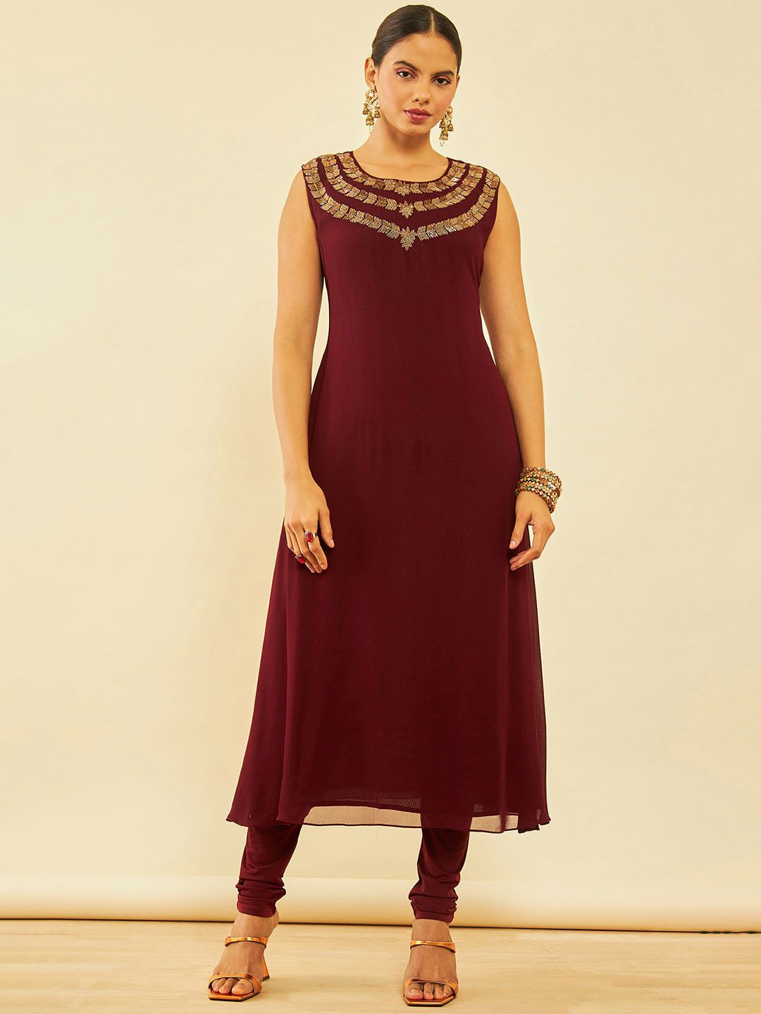 Dhiyona SO Women's Maroon Embellished Regular Beads and Stones A-Line Kurta with Churidar & With Dupatta