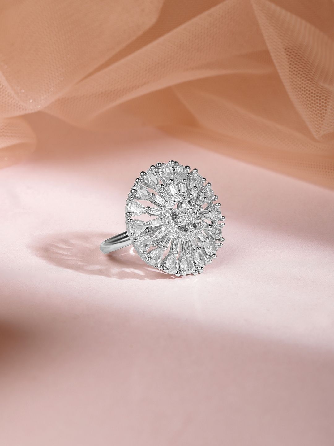 Dhiyona RJ Women's Rhodium Plated Cubic Zirconia Studded Finger Ring