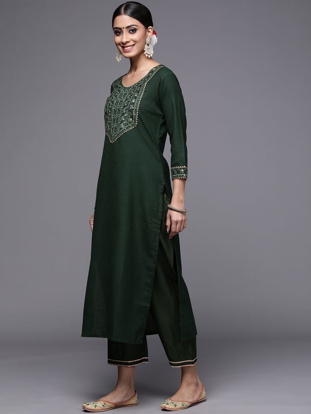Dhiyona IE Women Green Ethnic Motifs Yoke Design Kurta