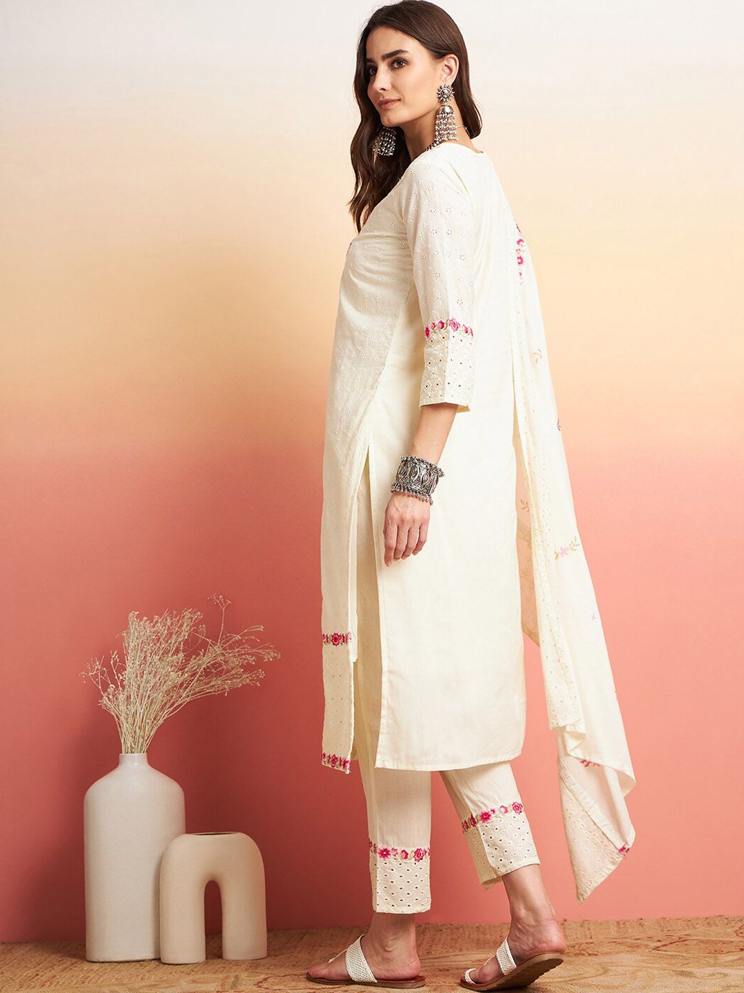 Dhiyona SN Women's Pure Cotton Floral Embroidered Straight Kurta With Trousers & Dupatta