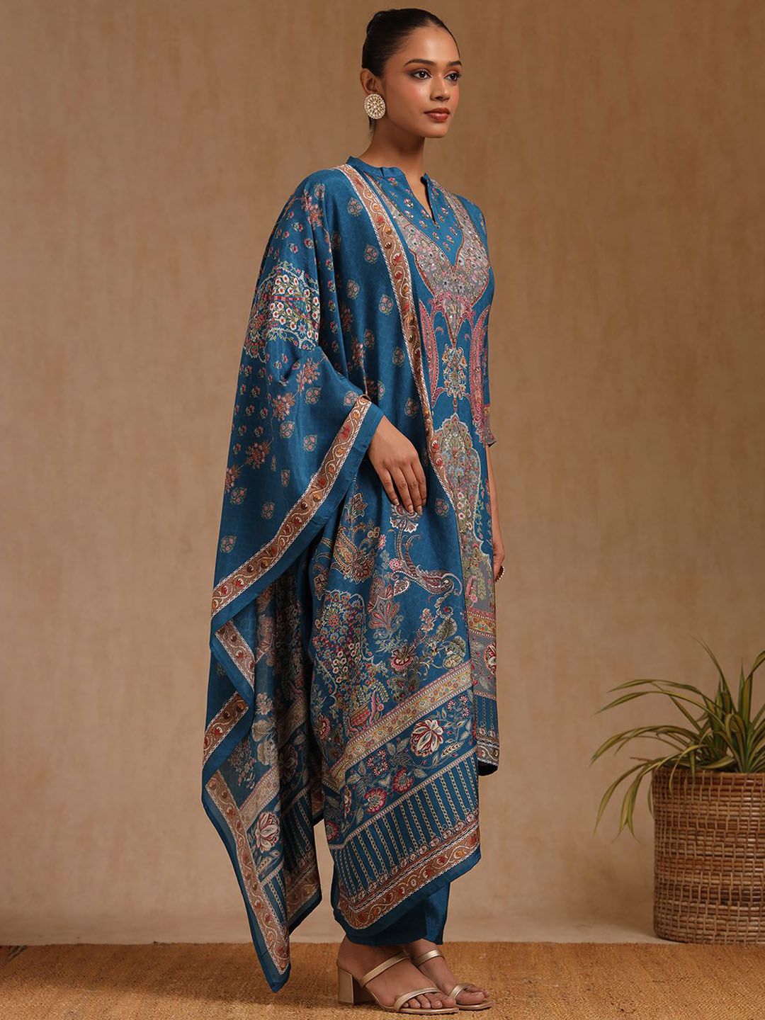 Dhiyona SO Women's Floral Printed Beads and Stones Straight Kurta with Trouser & Dupatta