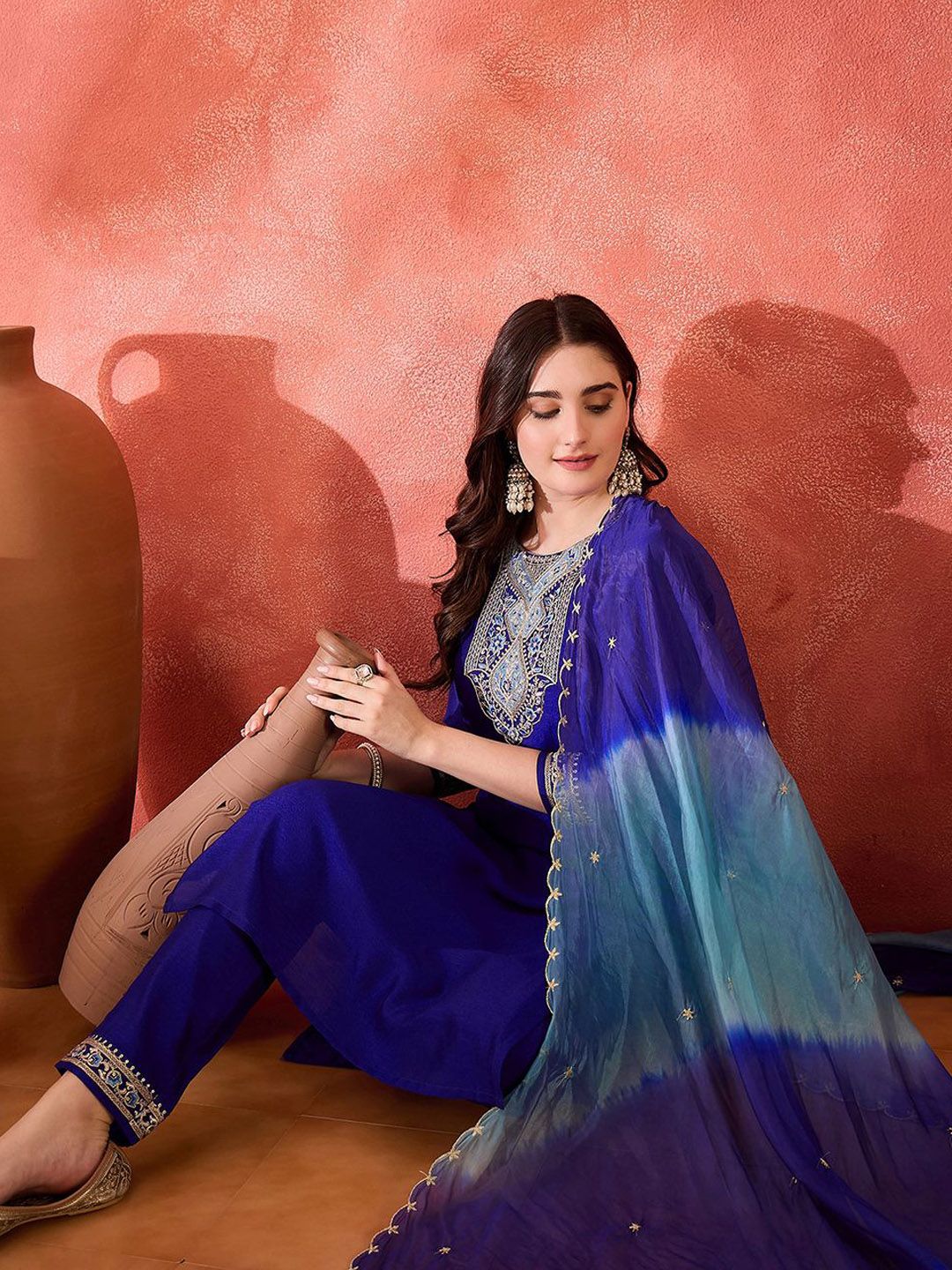 Dhiyona SN Women's Vichitra Zari Sequence Embroidered Straight Kurta & Trousers With Dupatta