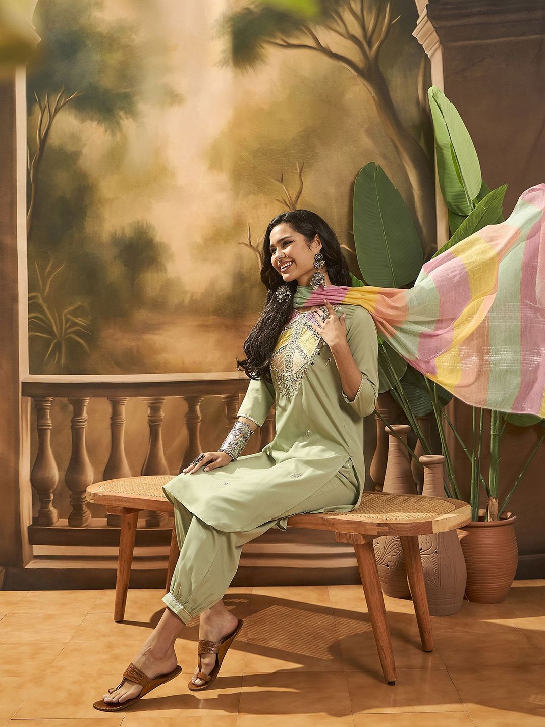 Dhiyona SN Women's Floral Embroidered Straight Kurta With Trouser & Dupatta