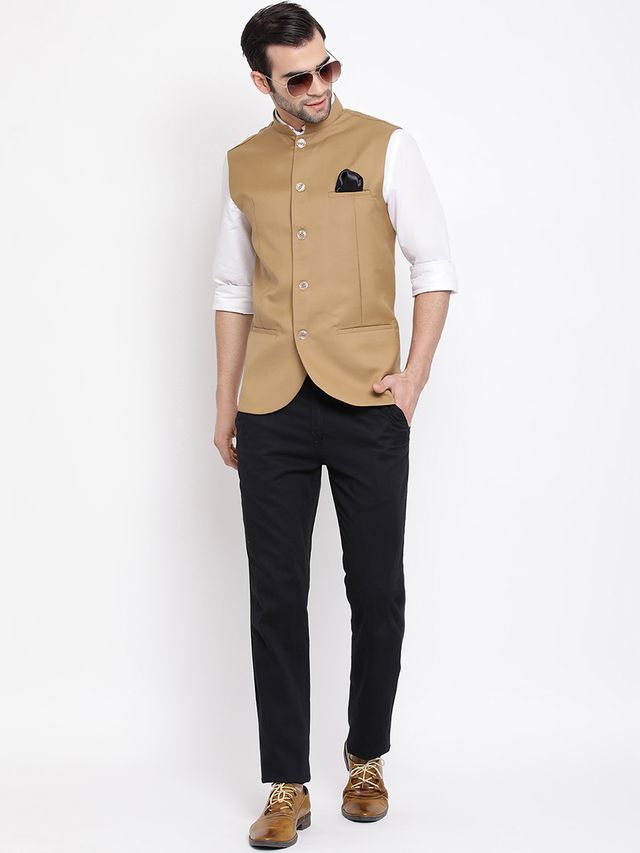 Men's Beige Cotton Silk Straight Nehru Jacket