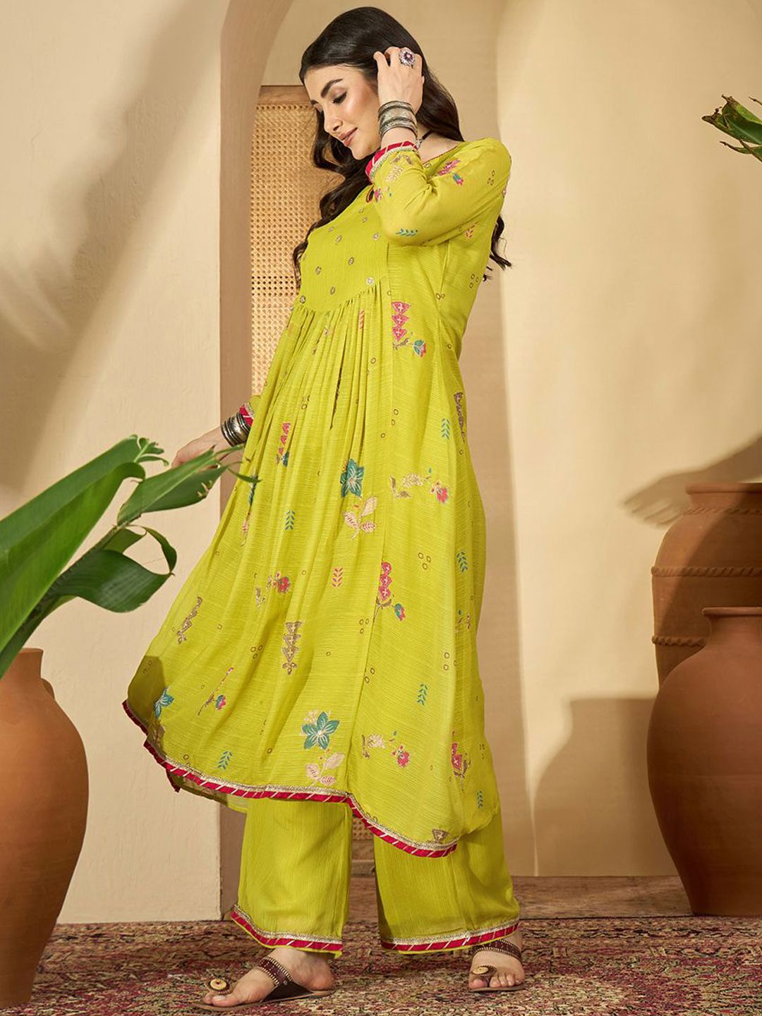 Dhiyona SN Women's Floral Woven Design Zari Anarakli Kurta With Trousers & Dupatta