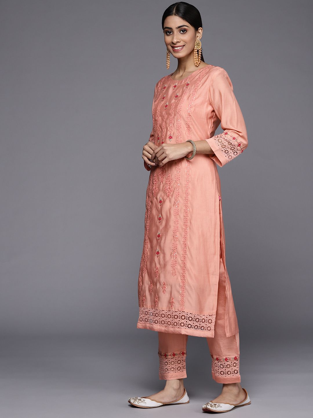 Dhiyona VA Women's Peach-Coloured Ethnic Motifs Embroidered Kurta with Trousers & Dupatta