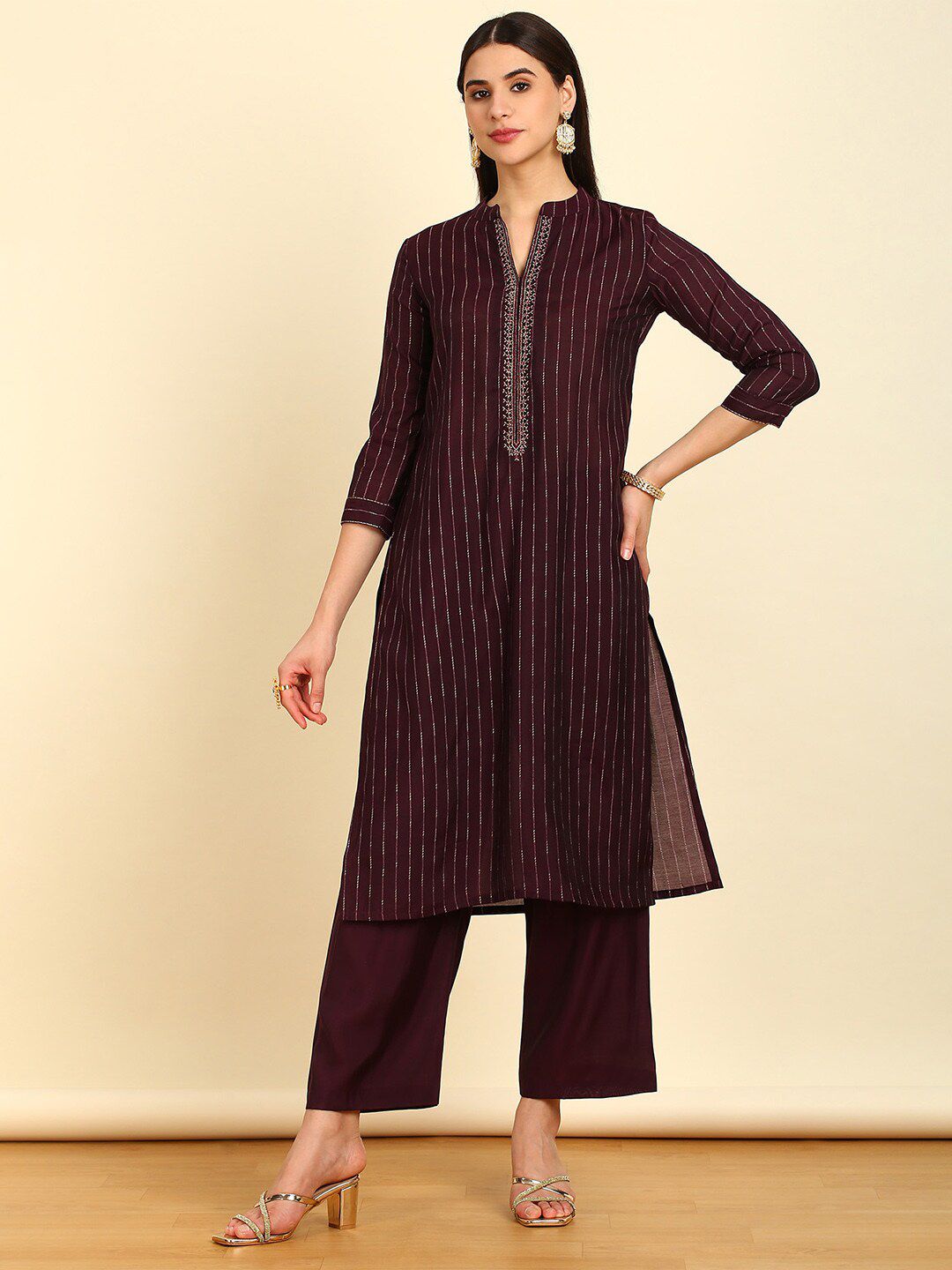 Dhiyona SO Women's Striped Regular Kurta With Palazzos & Dupatta
