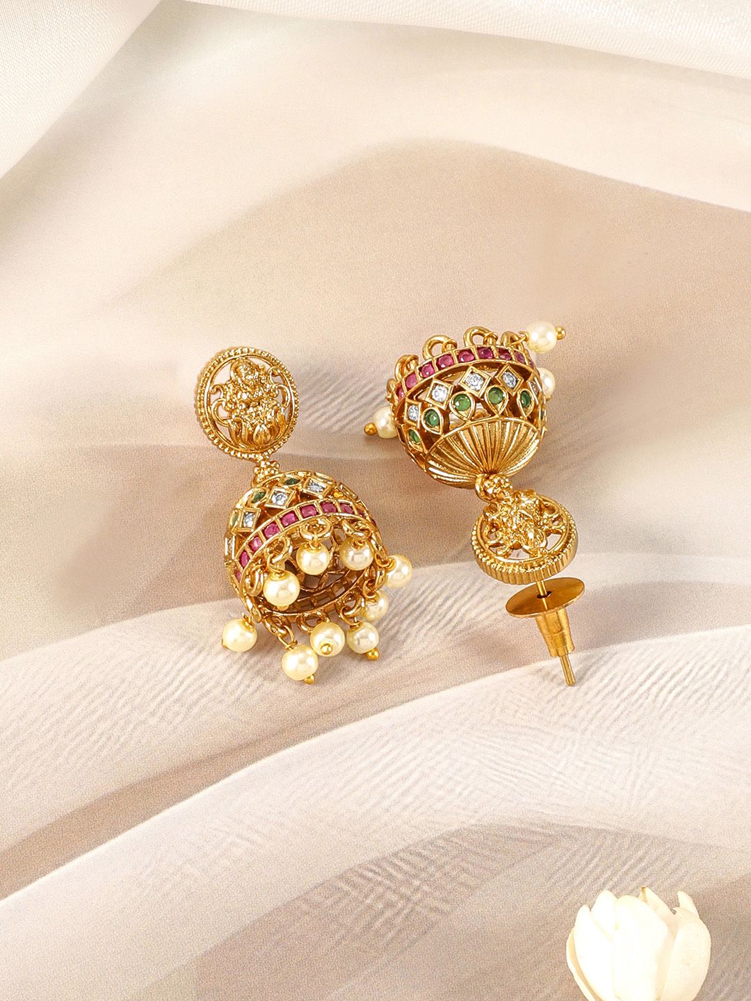 Dhiyona RJ Women's 22KT Gold-Plated Cubic Zirconia Studded Laxmi Temple Jewellery Set