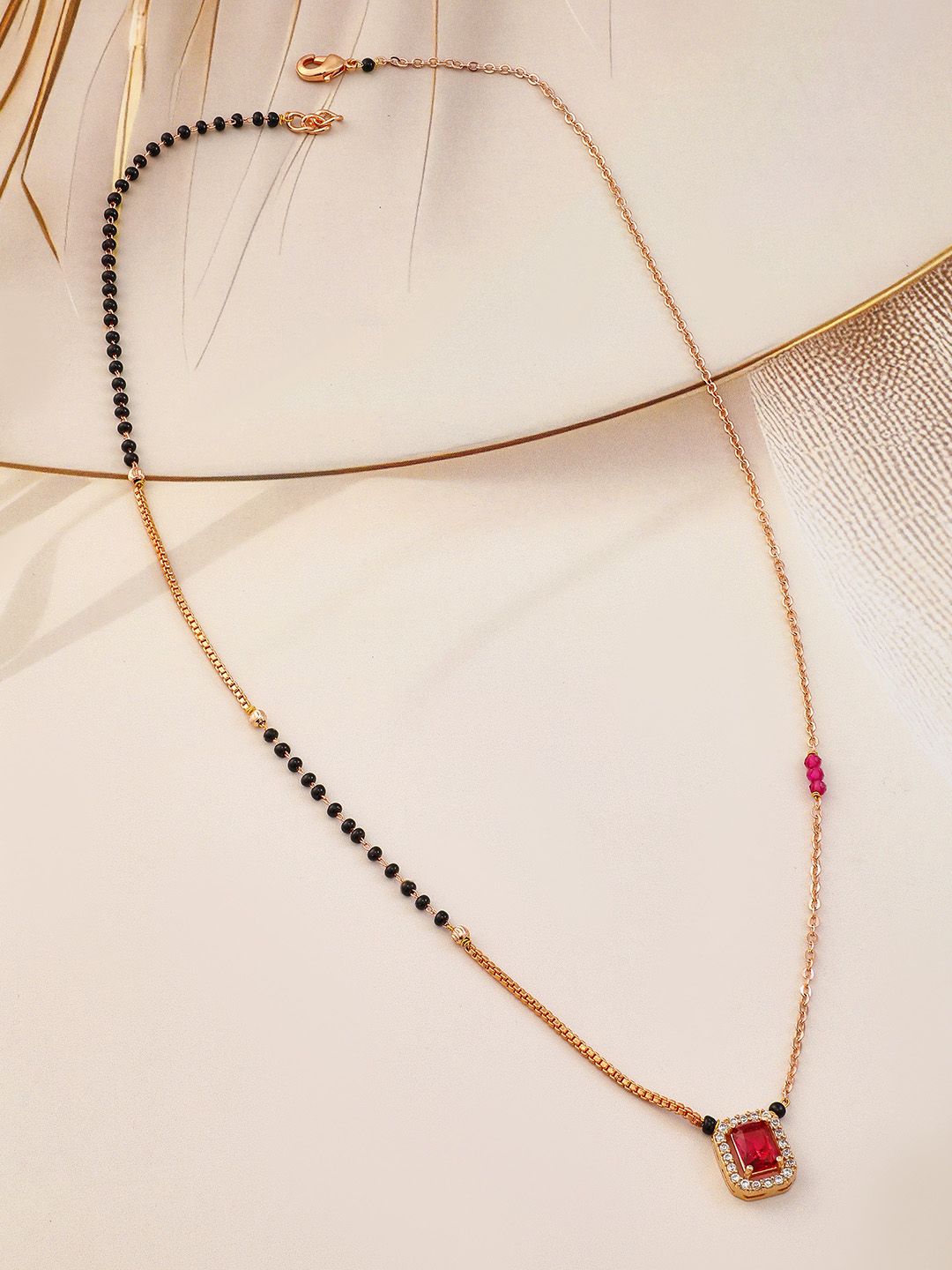 Dhiyona RJ Women's 18K Gold-Plated Ruby & Cubic Zirconia Studded Black and Gold Beaded Mangalsutra