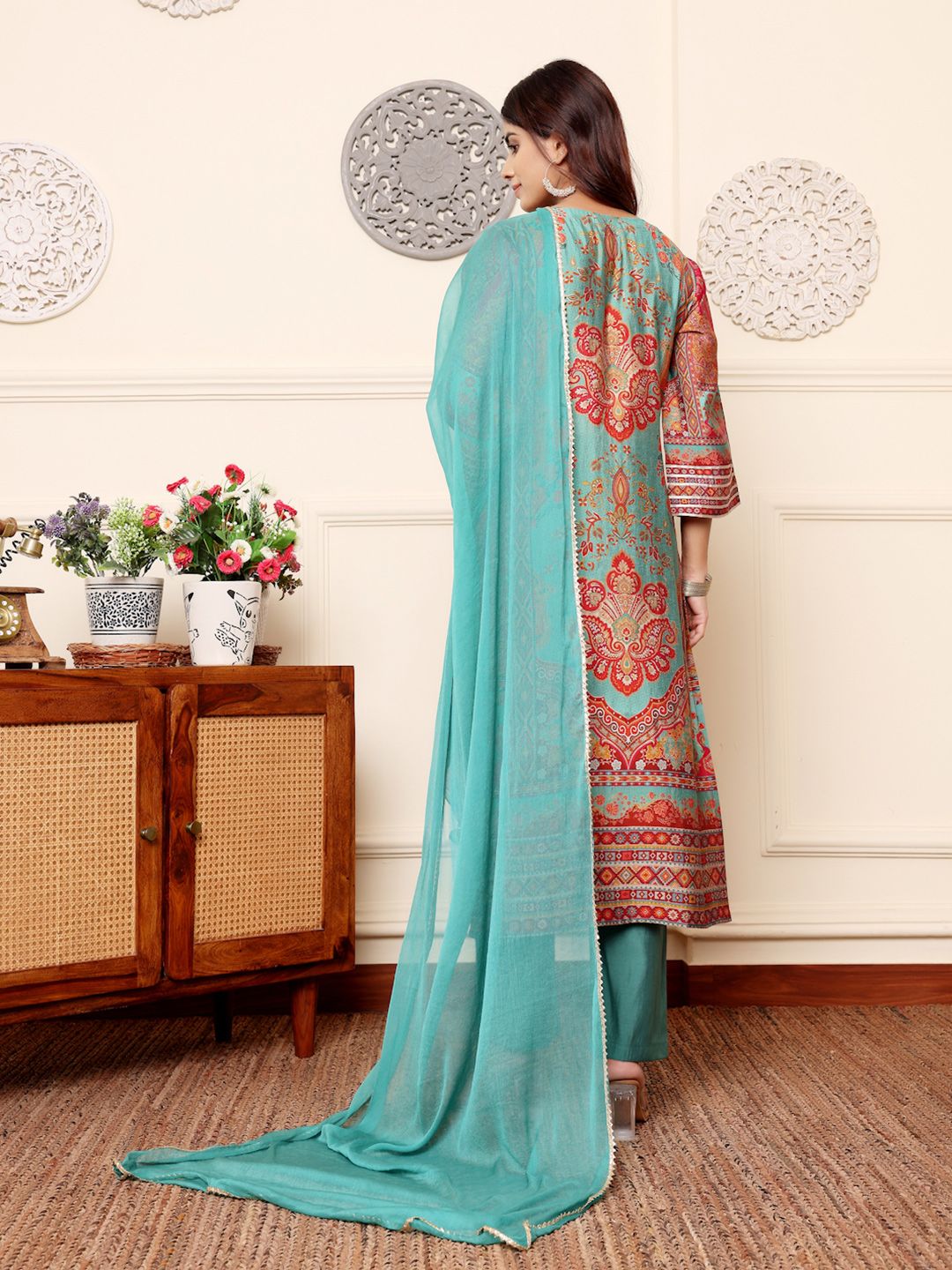 Dhiyona VA Women'sEthnic Motifs Printed Chanderi Silk Kurta With Trousers And Dupatta