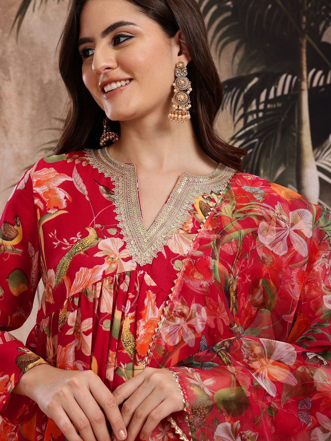 Dhiyona SN Women's Floral Print Empire Kurta with Sharara & Dupatta