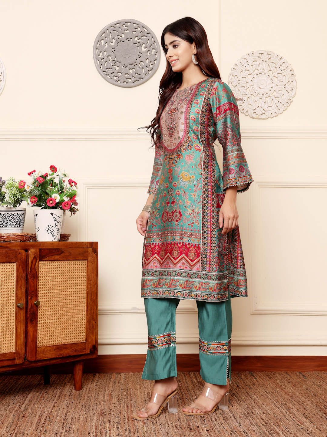 Dhiyona VA Women'sEthnic Motifs Printed Chanderi Silk Tunic With Trousers
