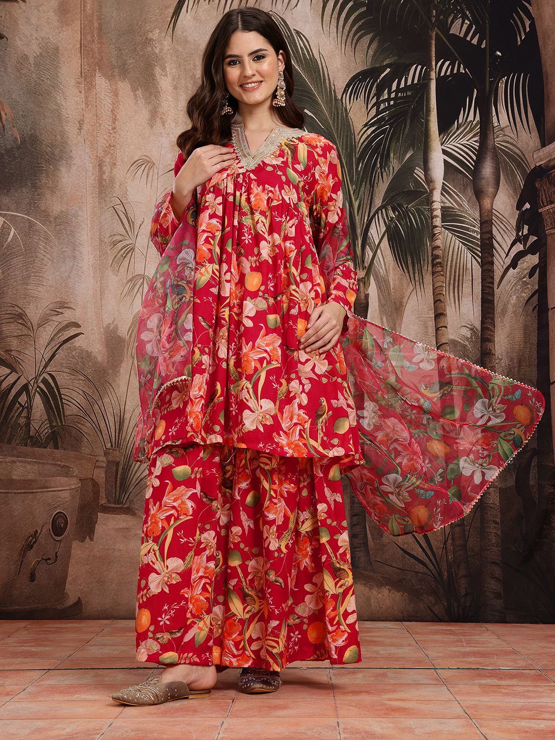 Dhiyona SN Women's Floral Print Empire Kurta with Sharara & Dupatta