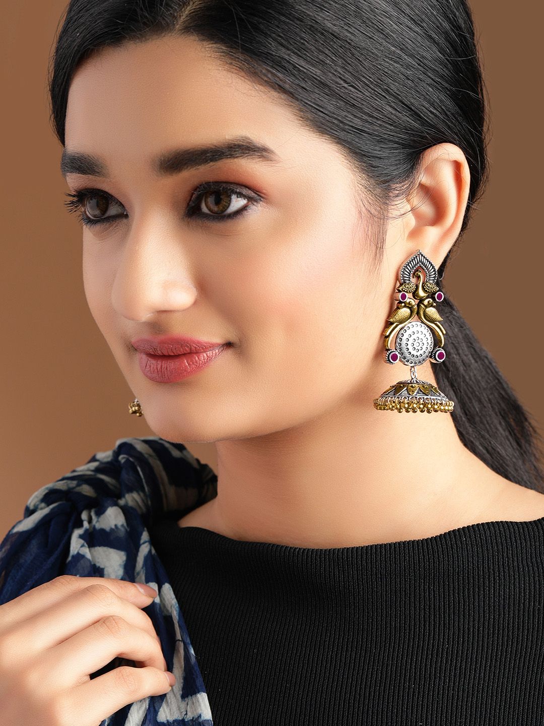 Dhiyona RJ Women's Oxidised Silver Plated Dual Tone Gold and Silver Pink Stone Peacock Jhumka Earrings