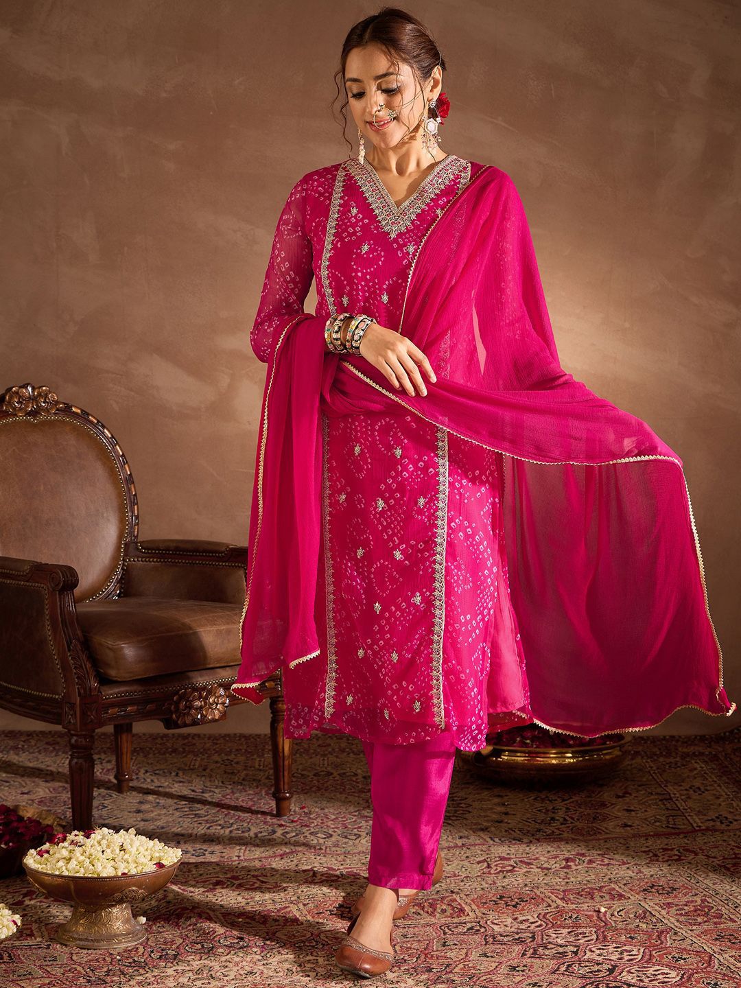 Dhiyona IE Floral Embroidered V-Neck Sequinned Cotton Straight Kurta With Trousers & Dupatta