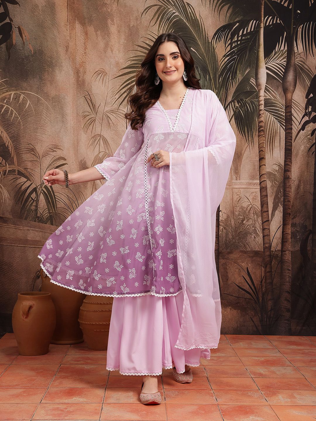 Dhiyona SN Women's Floral Printed Semi Sheer Panelled Kurta with Sharara & Dupatta