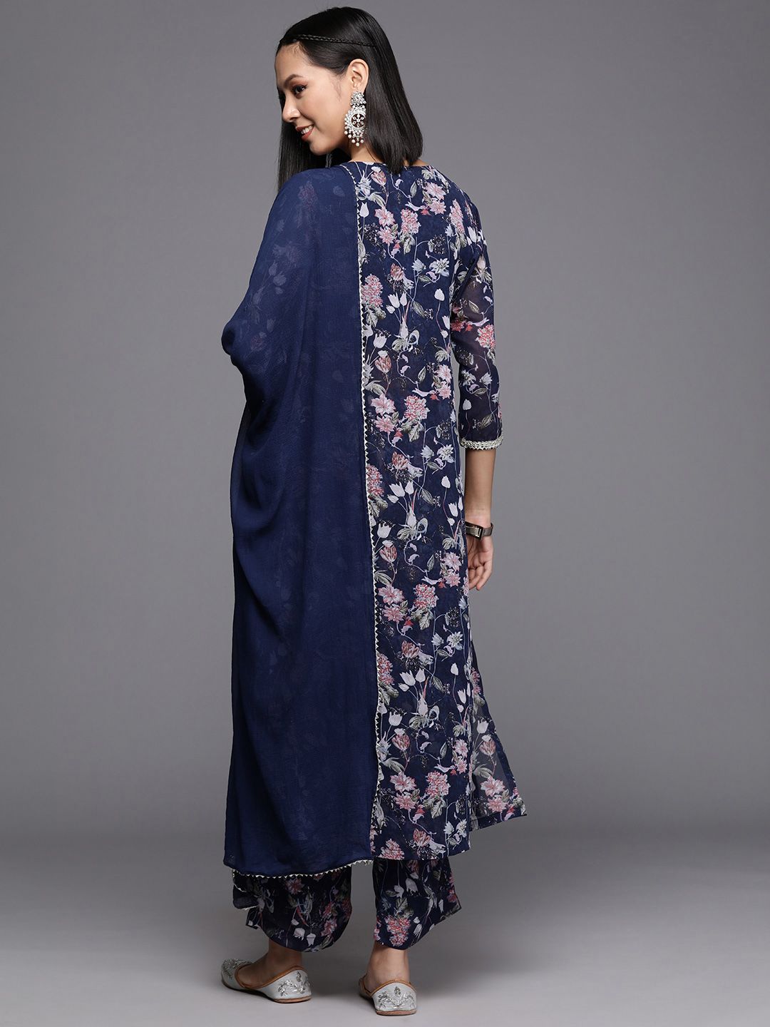 Dhiyona VA Women'sFloral Printed Pleated Gotta Patti Silk Georgette Kurta with Trousers & Dupatta