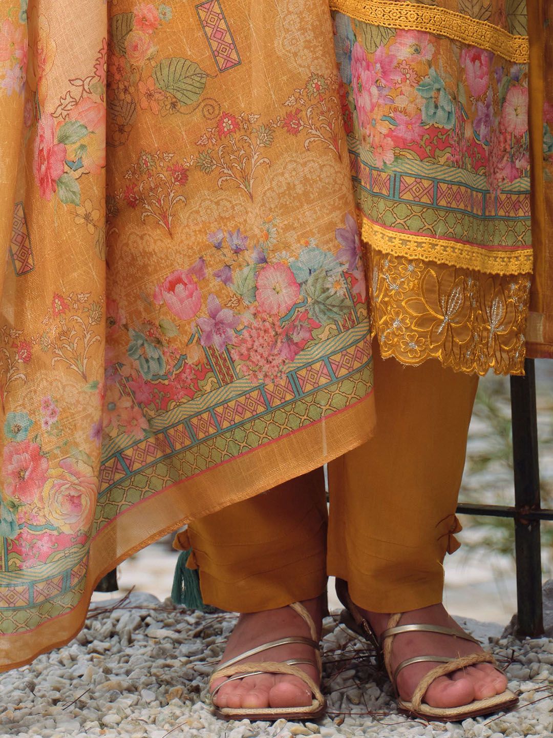 Women Floral Embroidered Beads and Stones Linen Kurta, Trousers With Dupatta