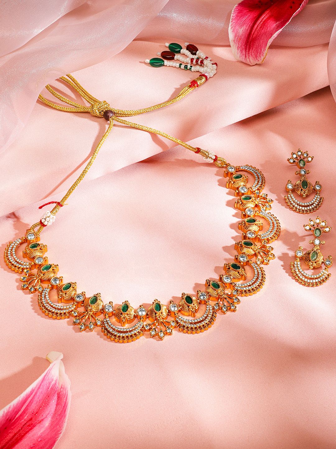 Dhiyona RJ Women's 24K Gold-Plated Emerald Green, White Cubic Zirconia & Pearl Beaded Jewellery Set