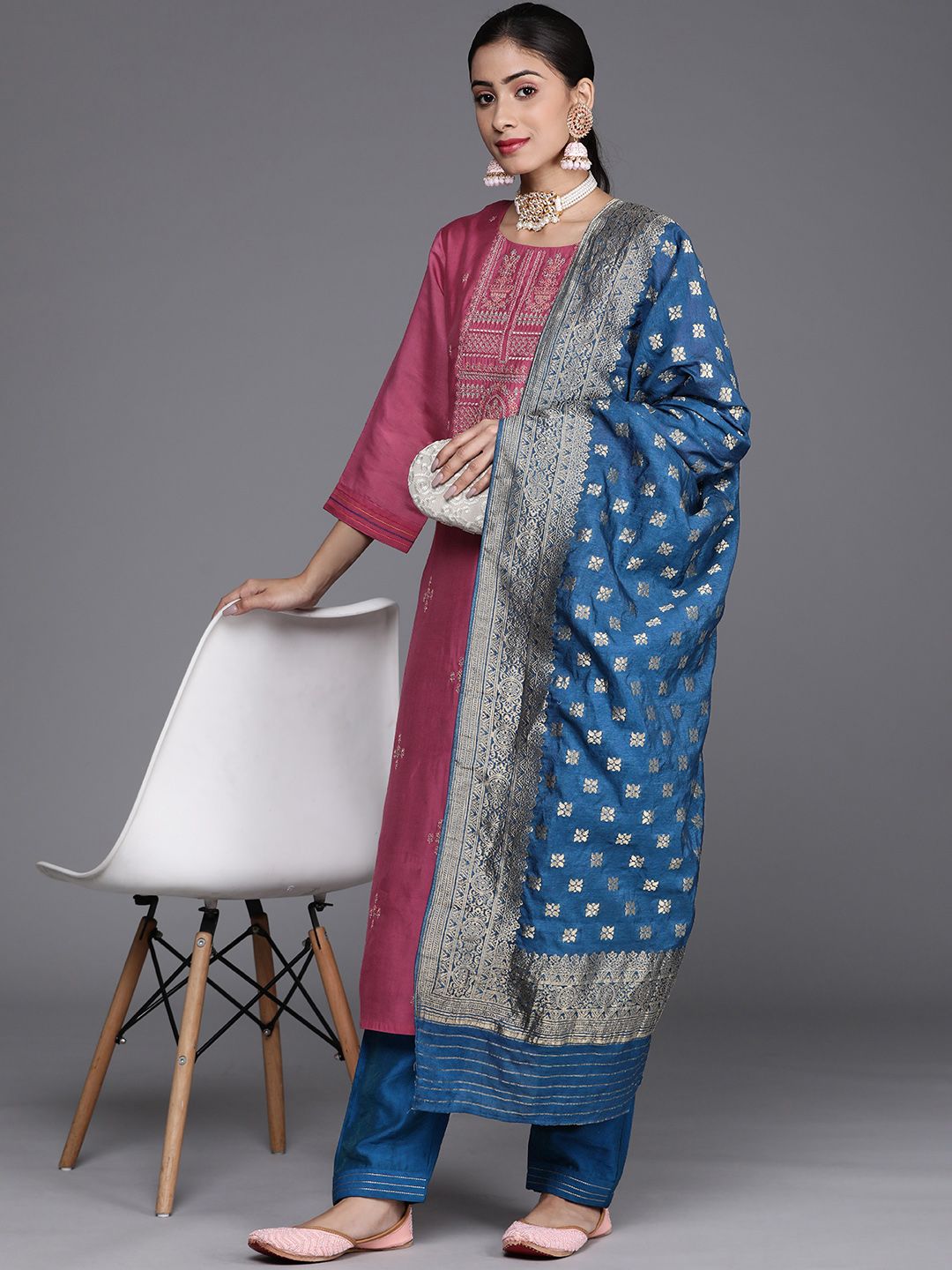 Dhiyona VA Women's Pink Ethnic Motifs Embroidered Silk Crepe Kurta with Trousers & With Dupatta