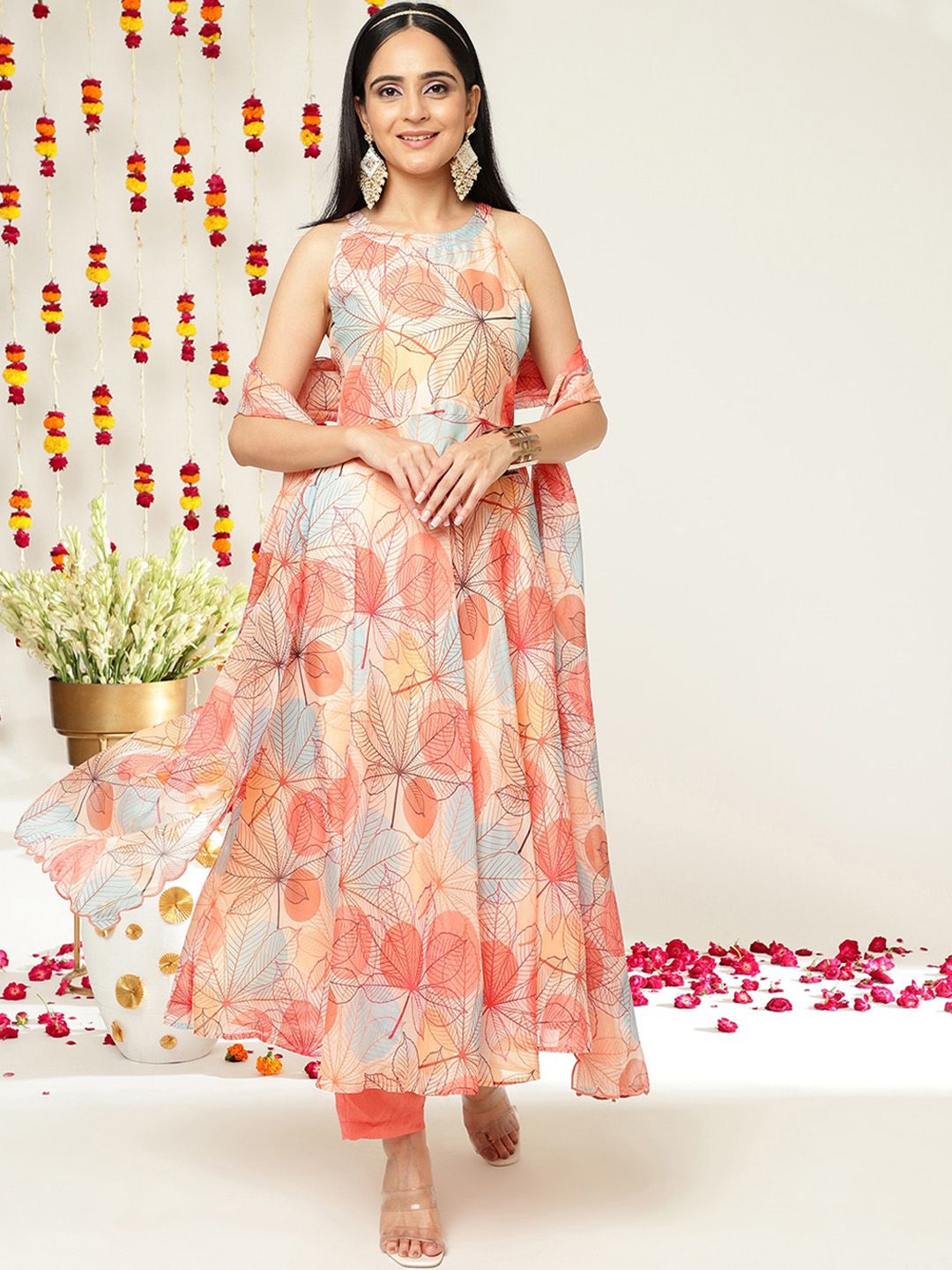 Dhiyona VA Women'sFloral Printed Halter Neck Anarkali Kurta & Trousers With Dupatta