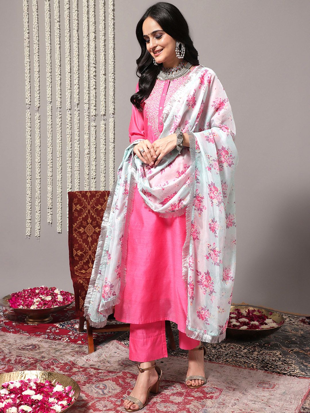 Dhiyona VA Women's Pink Yoke Design Sequinned Chanderi Silk Kurta with Palazzos & With Dupatta